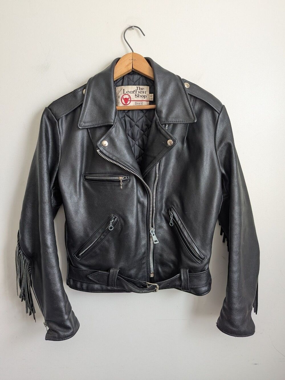 Vintage 60s Sears Black Leather Biker Moto Jacket Belted Fringe Womens S M Punk